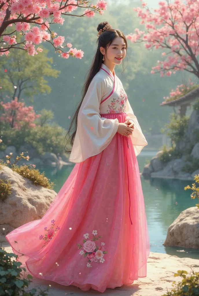 "A Korean girl in a pink Hanbok (Chima and Jeogori) with the embroidered Hangul '사랑해' on her skirt stands beside a