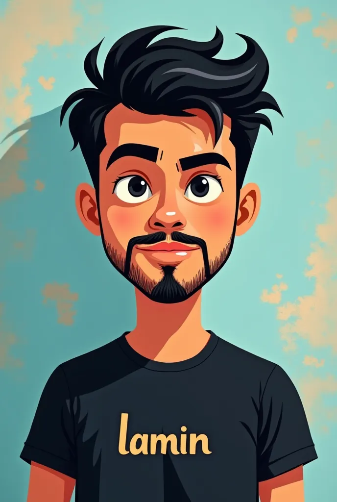 Illustration in retro flat style similar to the Mikey Mouse animation of a young man with Latin features, slightly tanned skin and well-defined facial structure. His face is oval with subtly marked cheekbones and a strong jaw. He has thick, slightly arched...