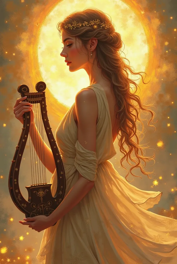 generate an image of the GODDESS OF SUNBEAMS AND LULLABIES. make her look like a MYTH goddess. she's holding a lyre. make her pretty. MAKE HER LOOK IN FRONT. make her background more MYTH. she has hair accessory 