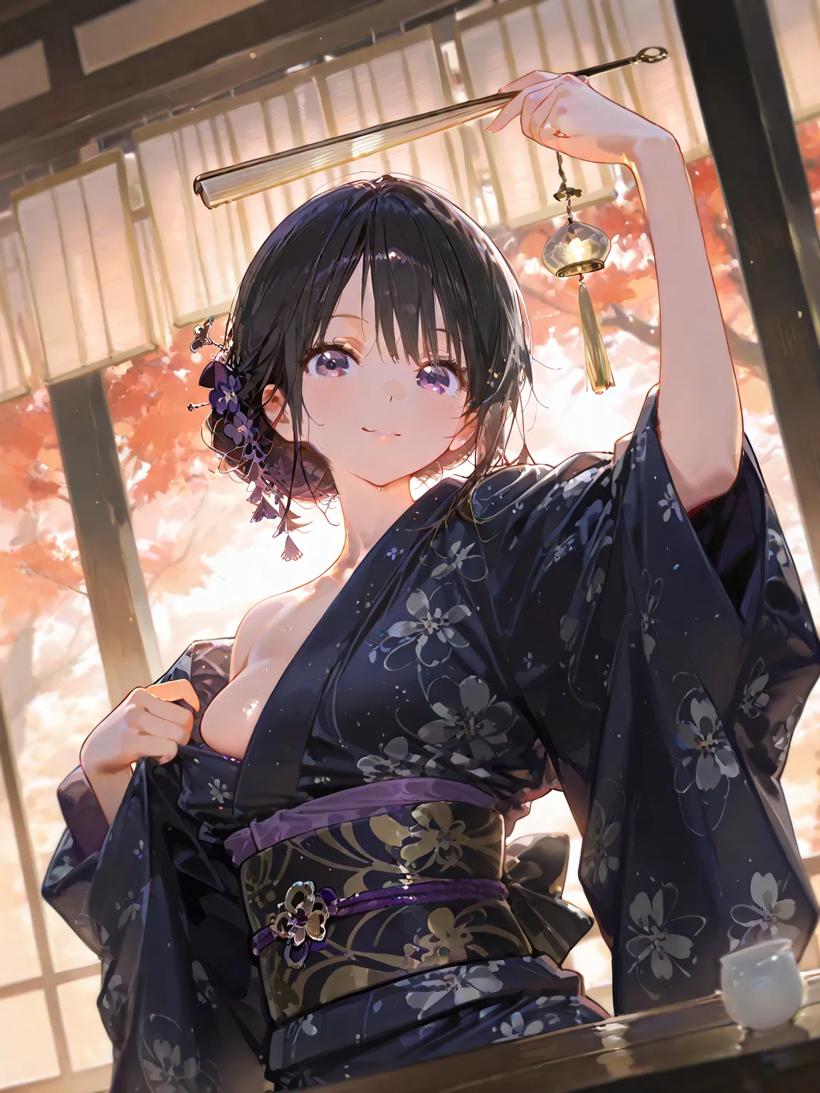 masterpiece, top quality,  in beautiful image quality ,  character emphasis , One person, Only the upper body,  kimono,  In a pose with a fan, dynamic angle,  Ancient Kyoto