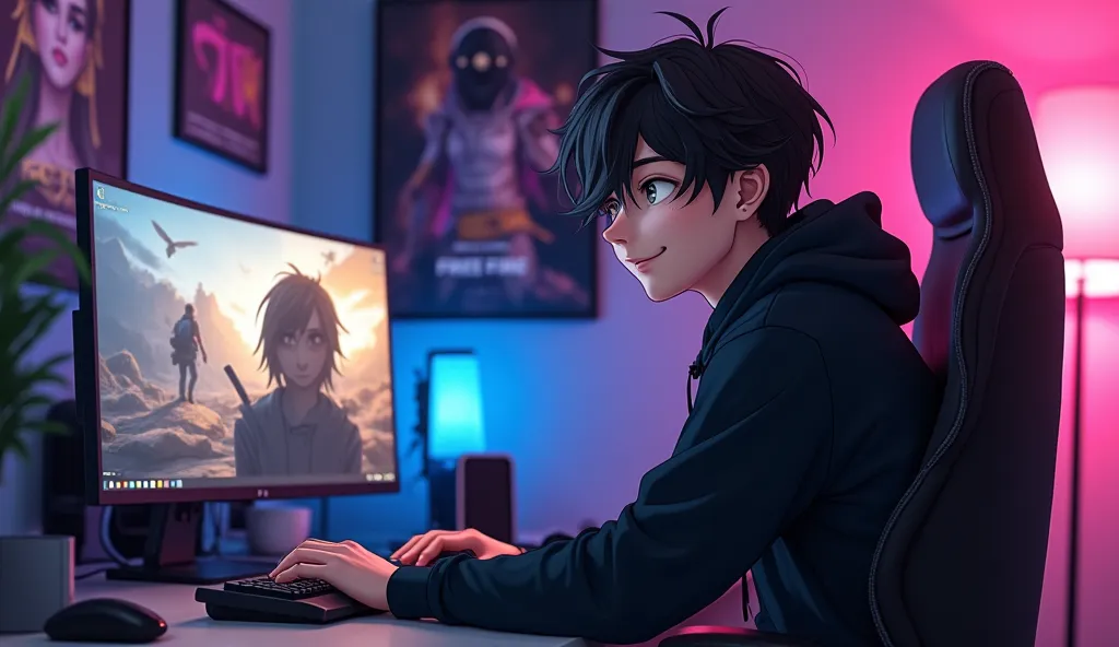 Create a anime boy who have a  mature looking like a man facing in front  he is a  YouTube content creator, sitting in his studio with futuristic gadgets, and there is mic near him ,write Tech Robiul in wearing black hoodie, smiling, and there is 2 posters...