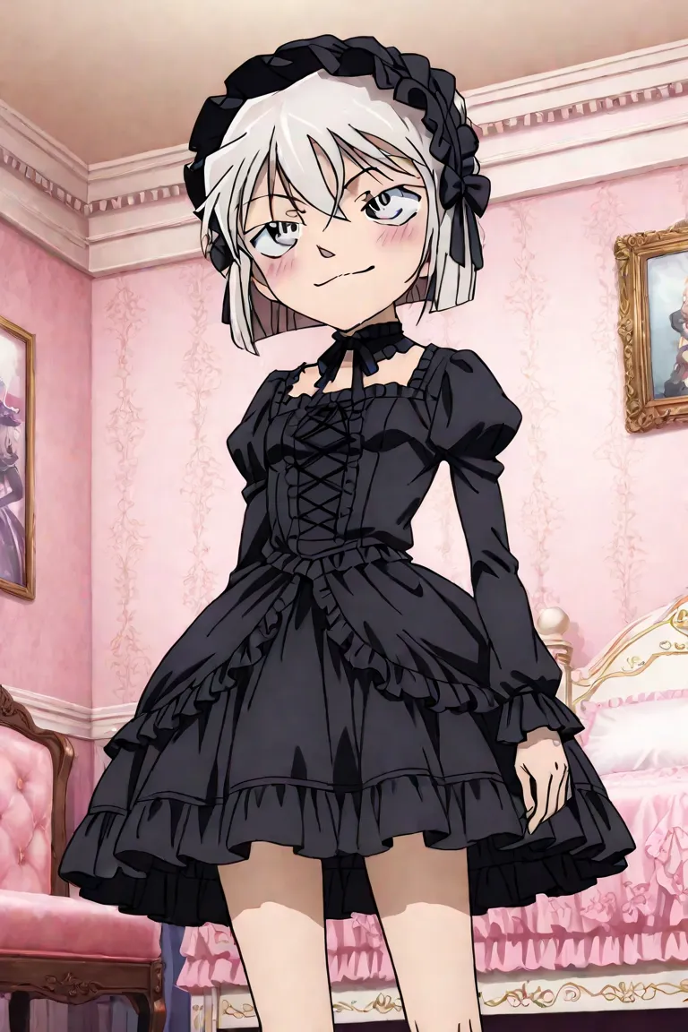 1girl, , Gothic Lolita dress, frills, cute smile, flat breast, skinny body, skinny thighs, Lolita room,angle from forward, little blushing 