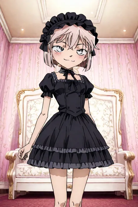 1girl, , Gothic Lolita dress, frills, cute smile, flat breast, skinny body, skinny thighs, Lolita room,angle from forward, little blushing 