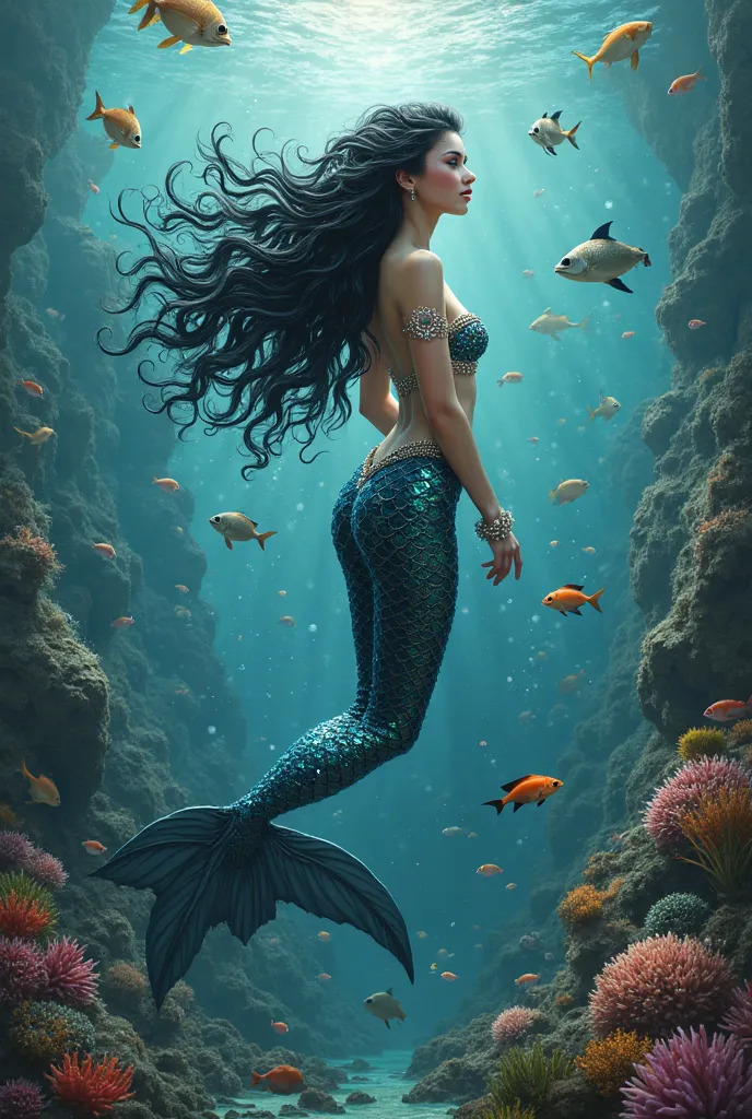 Black curly haired mermaid under the ocean with marine animals