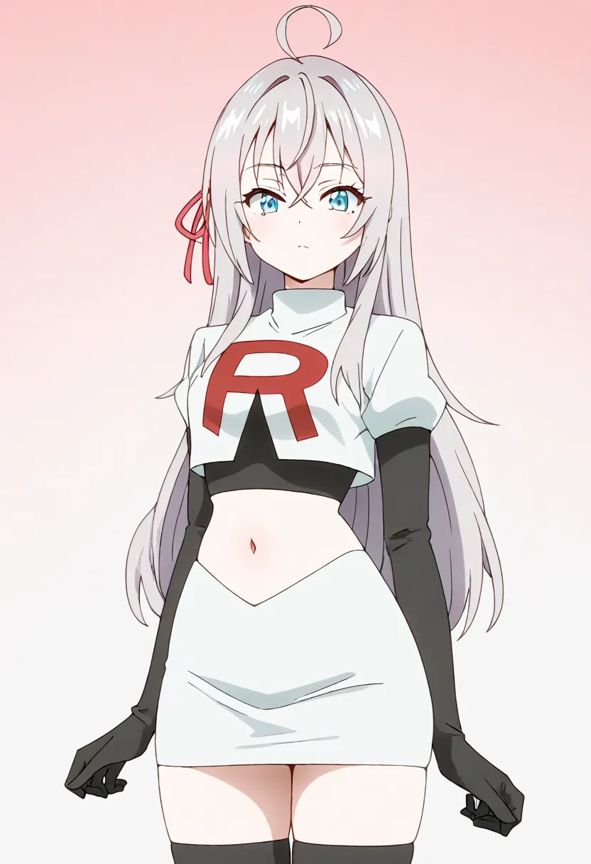 masterpiece, best quality, amazing quality,
1girl, solo, looking at viewer, gradient background, 
long hair, silver hair, ahoge, crossed bangs, red hair ribbon, sidelocks, blue eyes,
team rocket,team rocket uniform,white skirt,red letter R,crop top,black t...