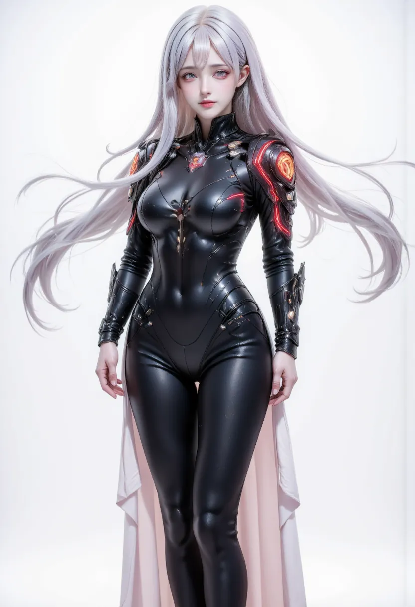 Create an anime-style character with long white hair and red eyes. The character is wearing a sleek black full bodysuit and long black sleek slit skirt. Costume has dark red accents on the shoulders armor and red led on armor. The outfit has a modern desig...