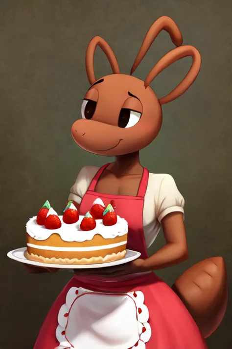 Ant with pastry apron clutching a cake