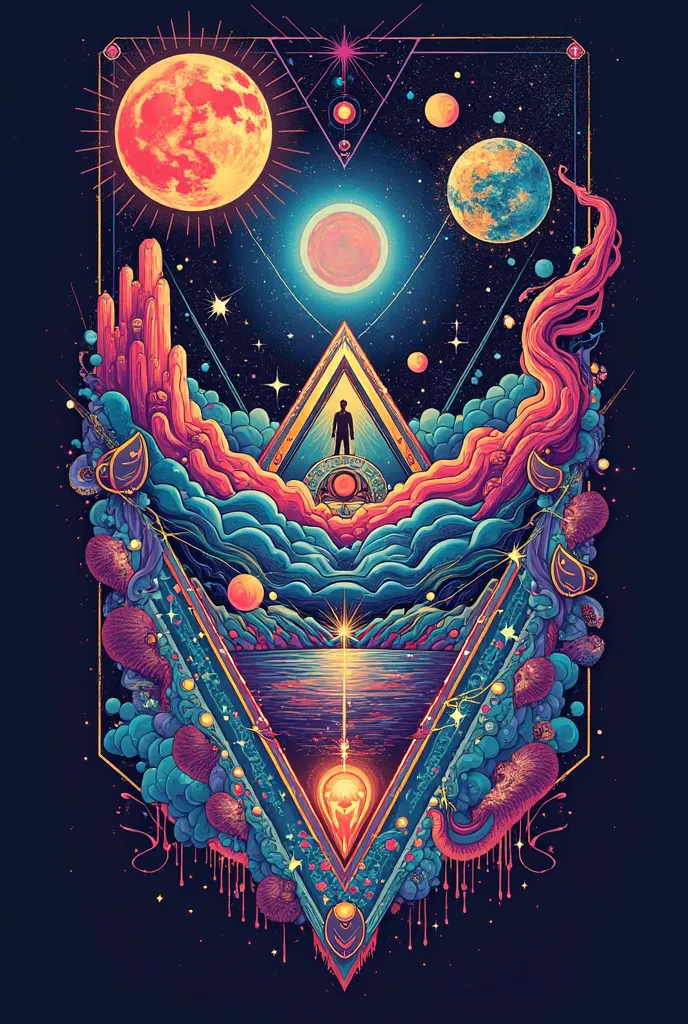 Spacey t-shirt design reminiscent of geometric patterns, simple, humans and animals, psychedelic style, background is the abyssal universe, high quality image.