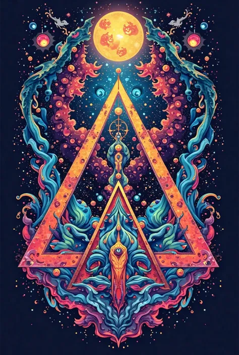 Spacey t-shirt design reminiscent of geometric patterns, simple, humans and animals, psychedelic style, background is the abyssal universe, high quality image.