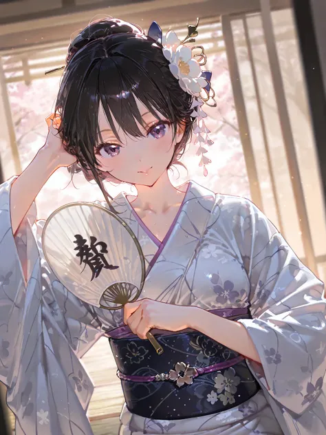 masterpiece, top quality,  in beautiful image quality ,  character emphasis , One person, Only the upper body,  kimono,  In a pose with a fan, dynamic angle,  Ancient Kyoto