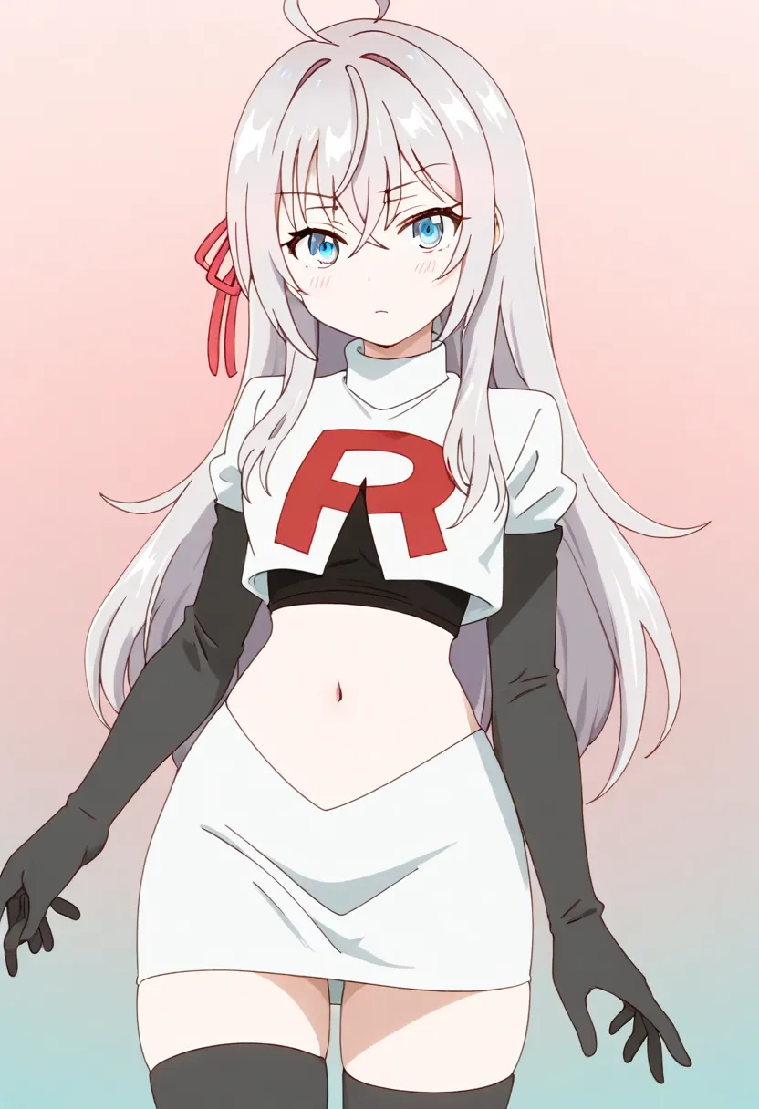 masterpiece, best quality, amazing quality,
1girl, solo, looking at viewer, gradient background, 
long hair, silver hair, ahoge, crossed bangs, red hair ribbon, sidelocks, blue eyes,
team rocket,team rocket uniform,white skirt,red letter R,crop top,black t...