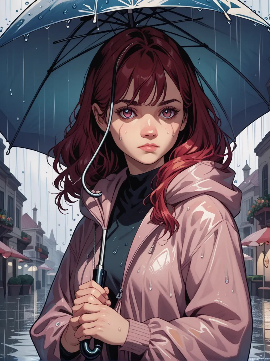 1girl, transparent_umbrella, transparent, solo, umbrella, looking_at_viewer, rain, holding_umbrella, crosswalk, holding, upper_body, long_hair, bangs, outdoors, closed_mouth