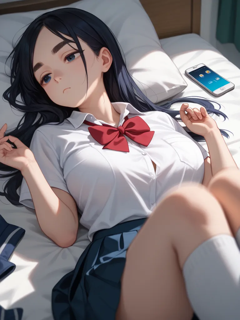 Upper body only , school uniform , (looking smartphone) , lying on bed , smartphone on hand , (Intense Sway vertically breast motion blur:1.2)
, kawaii anime petit girl, round eyebrows, round face, single eyelid, bold pose, curvy, out of frame
, expression...