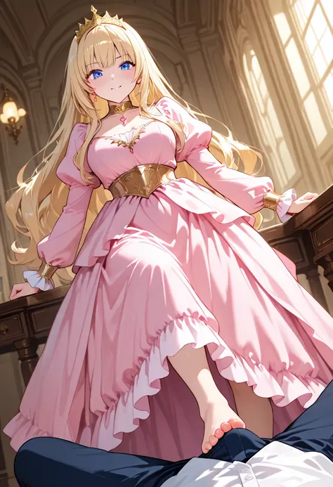 beautiful long blonde 　Princess in a pink dress　 Gold Tiara　 blue eye 　 Long Sleeve　 long skirt　throw_footjob　