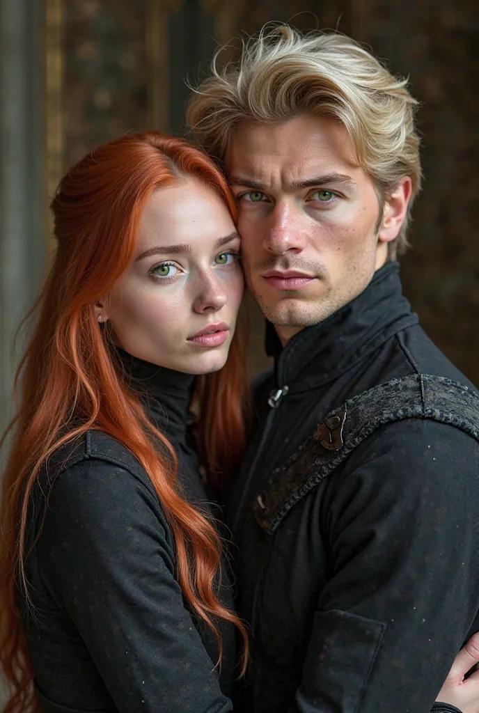 Beautiful 20-year-old woman with delicate features of red hair with silver tufts of green eyes embraced still a handsome muscular blond man of the same age and both are dressed in a black dragon rider uniform. 