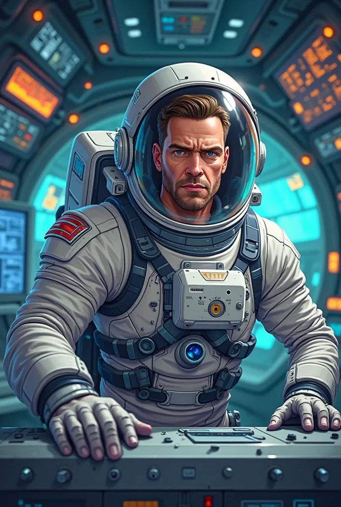 Create a cartoon image of a serious adult male astronaut, en su nave espacial