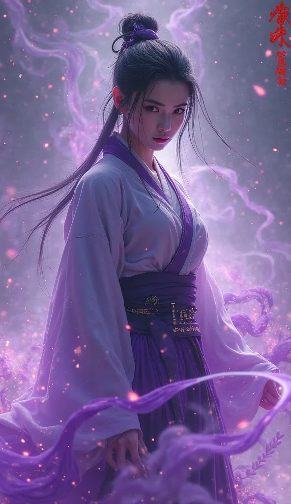   Handsome Chinese Girl  ,  sharp eyes, Clear Facial Features, Hanfu,  combat posture,  Martial Arts Action  ,  My body is shrouded in purple fog, Ambient Runes , holographic reality,  Holographic Aura , motion blur,  Game Lighting Effects ,  rimlight, Sof...