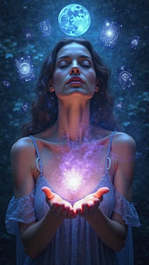  A woman with her eyes closed , surrounded by a bright aura in shades of blue and purple, symbolizing your strong intuitive connection. Around you, mystical symbols such as the Moon, stars and cards from the gypsy deck float in the air. Your hands emanate ...