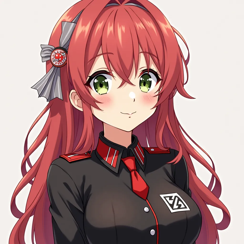 An anime girl with long light red hair, Her Nazi uniform consists of red details and a small red tie. Her eyes are green almost brown. The girl has a playful expression, she is looking to her right.  The style is modern anime , with vibrant colors, detaile...