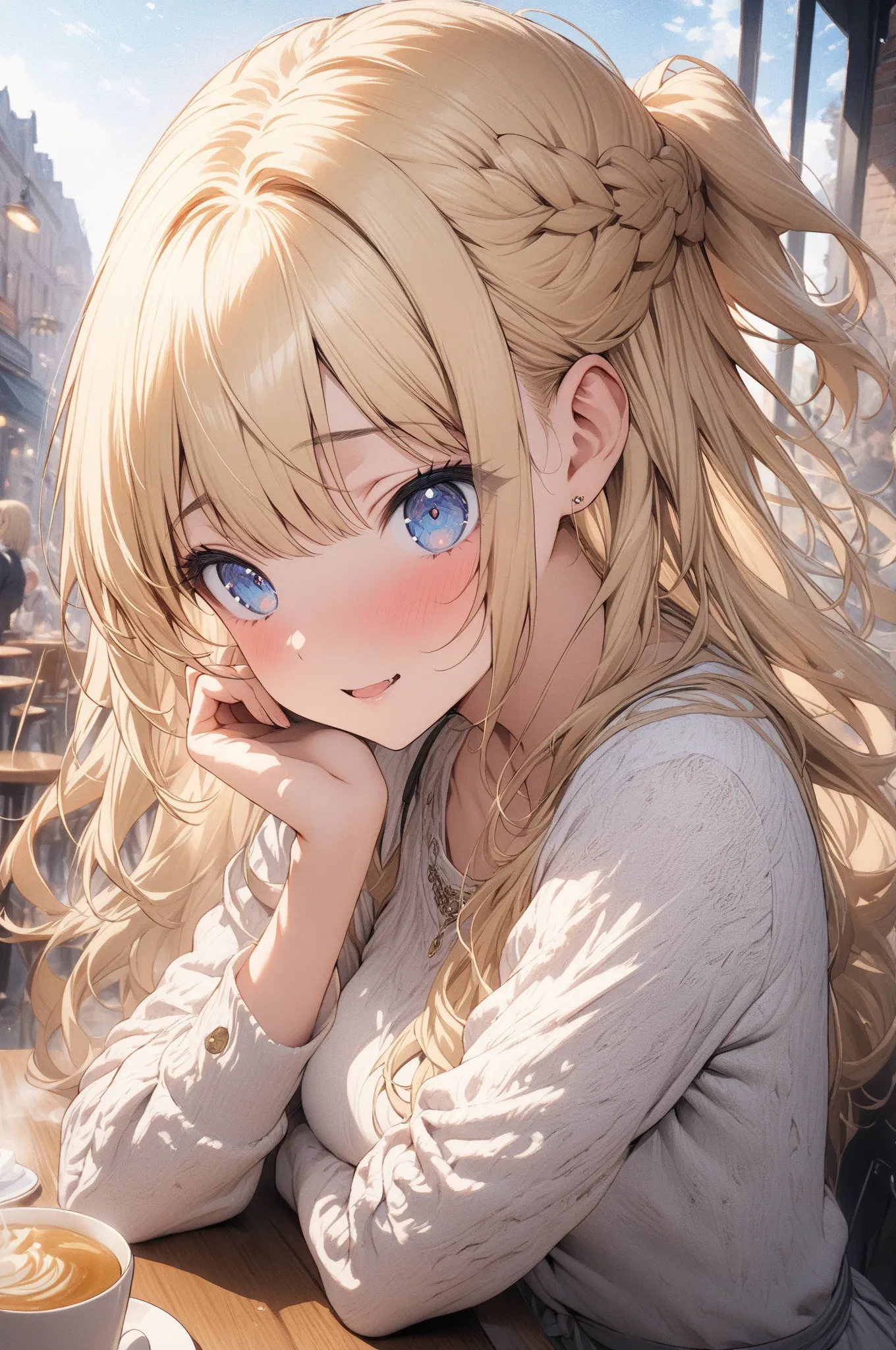 (masterpiece, detailed:1.2), One Girl, Princess, (18-years old), blonde half updo, Medium Breasts, sky blue eyes, BREAK, Highest quality, in Cafe