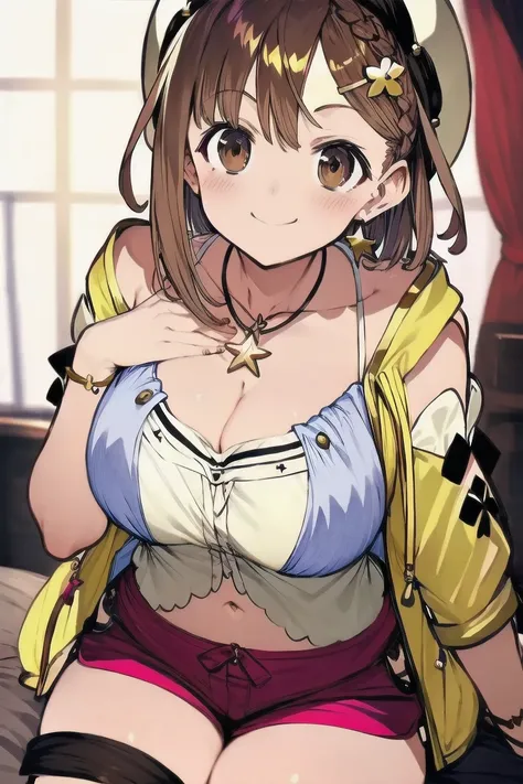 ライザリン・シュタウト,(masterpiece, best quality:1.2),2D, anime, Anime art, line art , watercolor,loli, 1 girl , chest, (large breasts),braid, (brown eyes), (brown hair), hat, jewelry, necklace, (red shorts), (reisalin stout), (short shorts), shorts, smile, solo, (s...