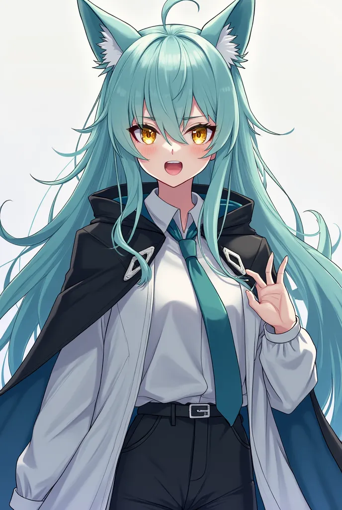 (maximum quality, best quality,  official art , beautiful and aesthetic :1.2) female anime, wolf girl, rebellious girl, long light green hair with bangs covering the right side of the face, golden eyes,  blue wolf ears , voluminous blue tail ,  voluminous ...