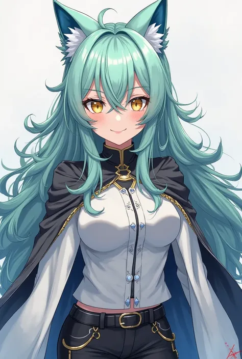 (maximum quality, best quality,  official art , beautiful and aesthetic :1.2) female anime, wolf girl, rebellious girl, long light green hair with bangs covering the right side of the face, golden eyes,  blue wolf ears , voluminous blue tail ,  voluminous ...