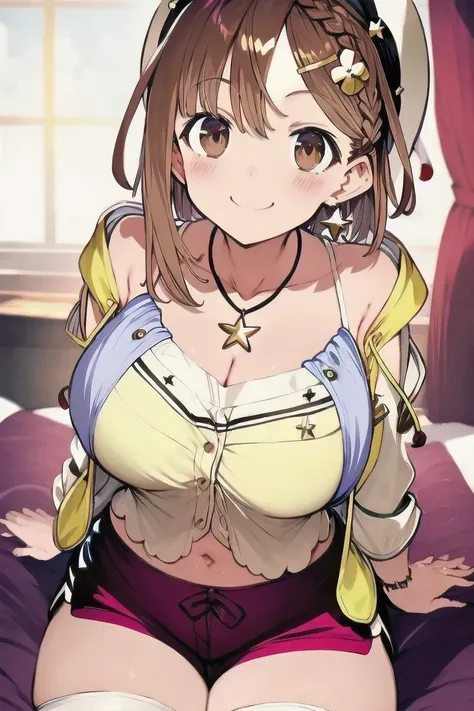 ライザリン・シュタウト,(masterpiece, best quality:1.2),2D, anime, Anime art, line art , watercolor,loli, 1 girl , chest, (large breasts),braid, (brown eyes), (brown hair), hat, jewelry, necklace, (red shorts), (reisalin stout), (short shorts), shorts, smile, solo, (s...