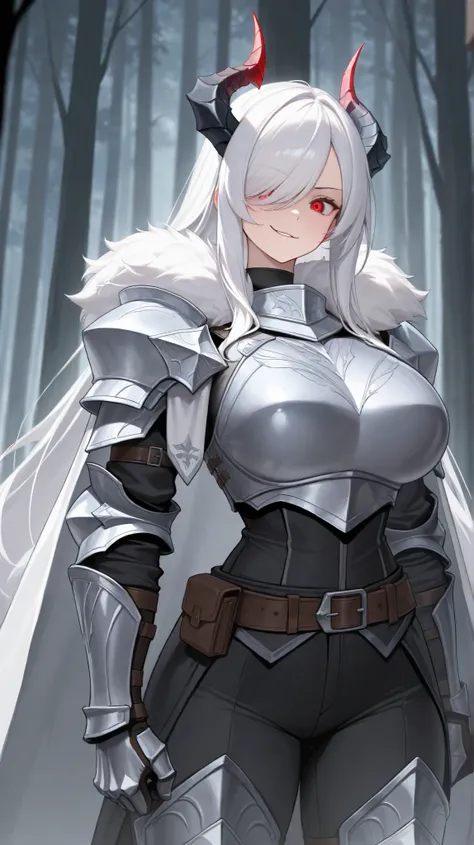 absurdres, (((HD))), (((Ultra High Quality))), ((hyper detailed)), ((detailed eyes)), (((8K))), ((perfect face)), ((masterpiece)), tall, 1girl, smirk, tall, dragon horns, white hair, long hair, swept bangs, hair over one eye, red eyes, large breasts, knigh...