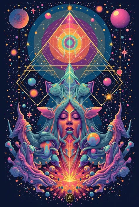 Spacey t-shirt design reminiscent of geometric patterns, simple, humans and animals, psychedelic style, background is the abyssal universe, high quality image.