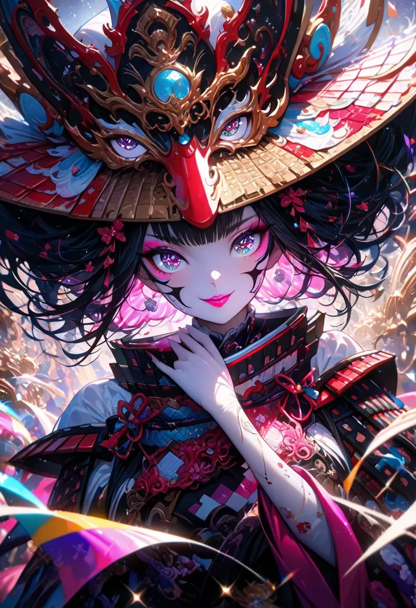 ((Cute girl, samurai, Japanese armor, cute, smiling, posing sexy in avant-garde style. Exuding confidence and elegance with edgy Japanese armor, bold pattern, dramatic hat. The makeup is striking and sophisticated, with heavy eyeshadow and bold pink lip, r...