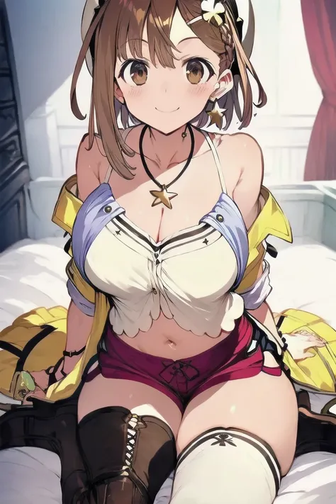 ライザリン・シュタウト,(masterpiece, best quality:1.2),2D, anime, Anime art, line art , watercolor,loli, 1 girl , chest, (large breasts),braid, (brown eyes), (brown hair), hat, jewelry, necklace, (red shorts), (reisalin stout), (short shorts), shorts, smile, solo, (s...