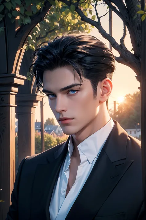 ((masterpiece:1.2, Best quality)), 4k, adult, European face, 1 person, male, mature, masculine, Beautiful, very tall, Muscles, broad shoulders, dark casual wear, White skin, medium black hair, Blue eyes, portrait, sunset, old house with apple trees. 
