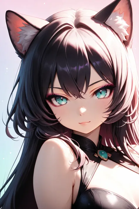 random hot and busty korean catgirl, cat ears, pastel color palette, no background, pastel background, colorful background, 