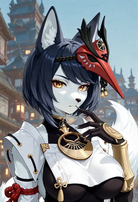 Furry fox woman, with green and white fur, with black hair in a Bob, in genshin impact kujou Sara’s clothes, with full gloves with pointed fingernails, with white fox tail, with extra extra large chest, top body portrait, city background