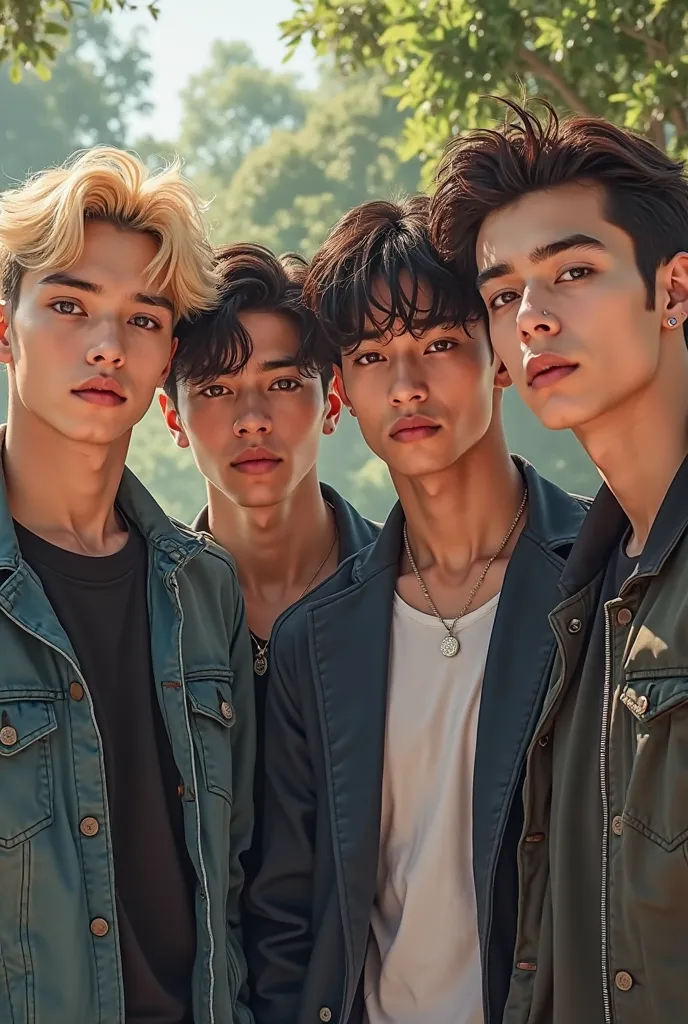 Um grupo de 4 boys, 18 years old,  pretty faces ,  super detailed , looking at the viewer, swag, Western Kpop group,a blond, blue eyes,black hair, brown eyes , another with messy black hair, another with brown hair, relaxed photo scene, perfect faces , ver...