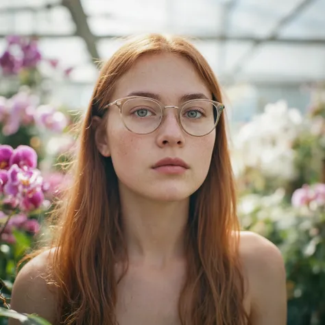 Professional photographic shot of a young 18-year-old woman with fair skin, fiery red hair tied in a sleek middle-parted ponytail. She wears round, thin-framed eyeglasses resting delicately on her nose. Her face is softly illuminated by natural sunlight fi...