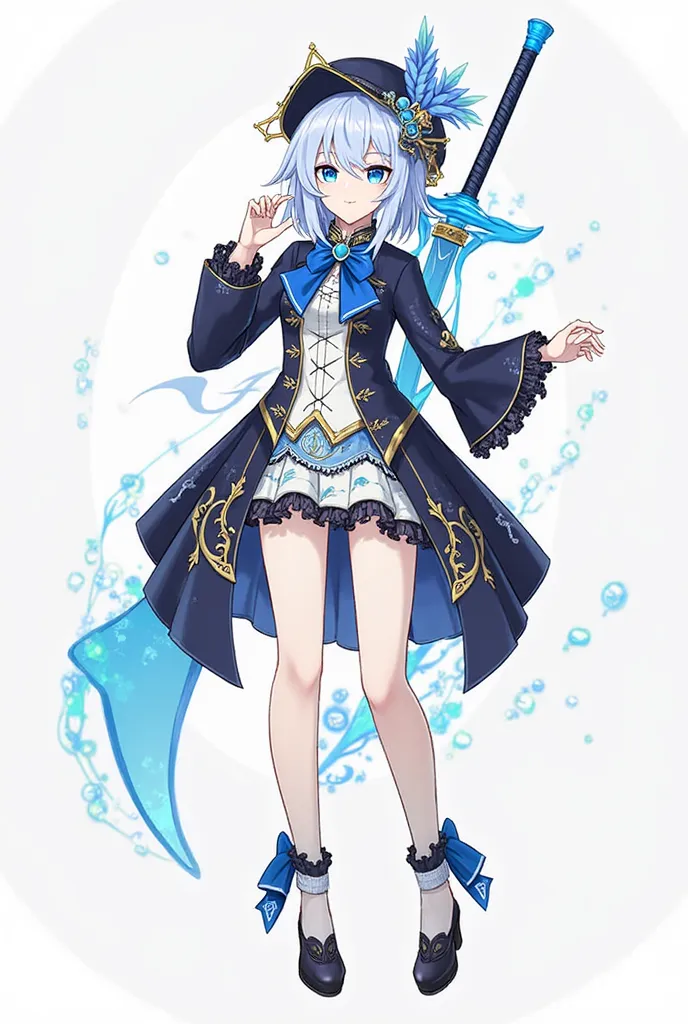 The image shows Furina, the elegant and charismatic Archon Hydro from Genshin Impact, with its distinctive aristocratic attire inspired by Fontaine fashion. His very light blue hair, with slightly darker tips, frames her face with a refined air, while his ...