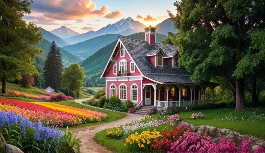 A small town on the riverside, Mountains in the background, Colorful flowers, Detailed landscape, Beautiful Natural Scenery,  atmospheric lighting, blazing sunset,  warm color , Practical and Photographically Practical, Detailed leaves, Complex buildings ,...