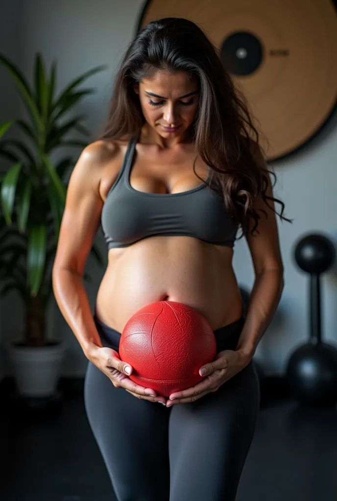 pregnant wife sobre una pelota de ejercicio con un entrenador de fondo en el estudio,  feeling of motherhood , pregnant wife,   female body ,  sweat, Photo, pregnancy, by Manuel Rendón Seminar, Queen Rocín, 2995599206, by Teobaldo Nina Mamani, manual, clin...