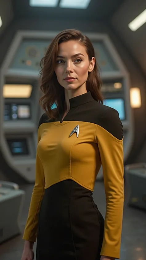 A woman of star trek yellow skirt uniform