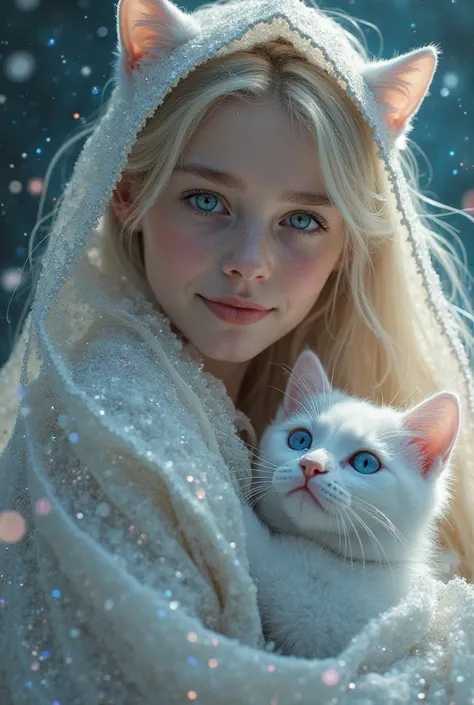   blue-eyed blonde playing with a white cat| magic shiny trails | light dust | glamorous fantasy robes| highly detailed fantasy art | cinematographic lighting | sharp focus | irreal | render | 8k.”|pattern/3k high iridescent