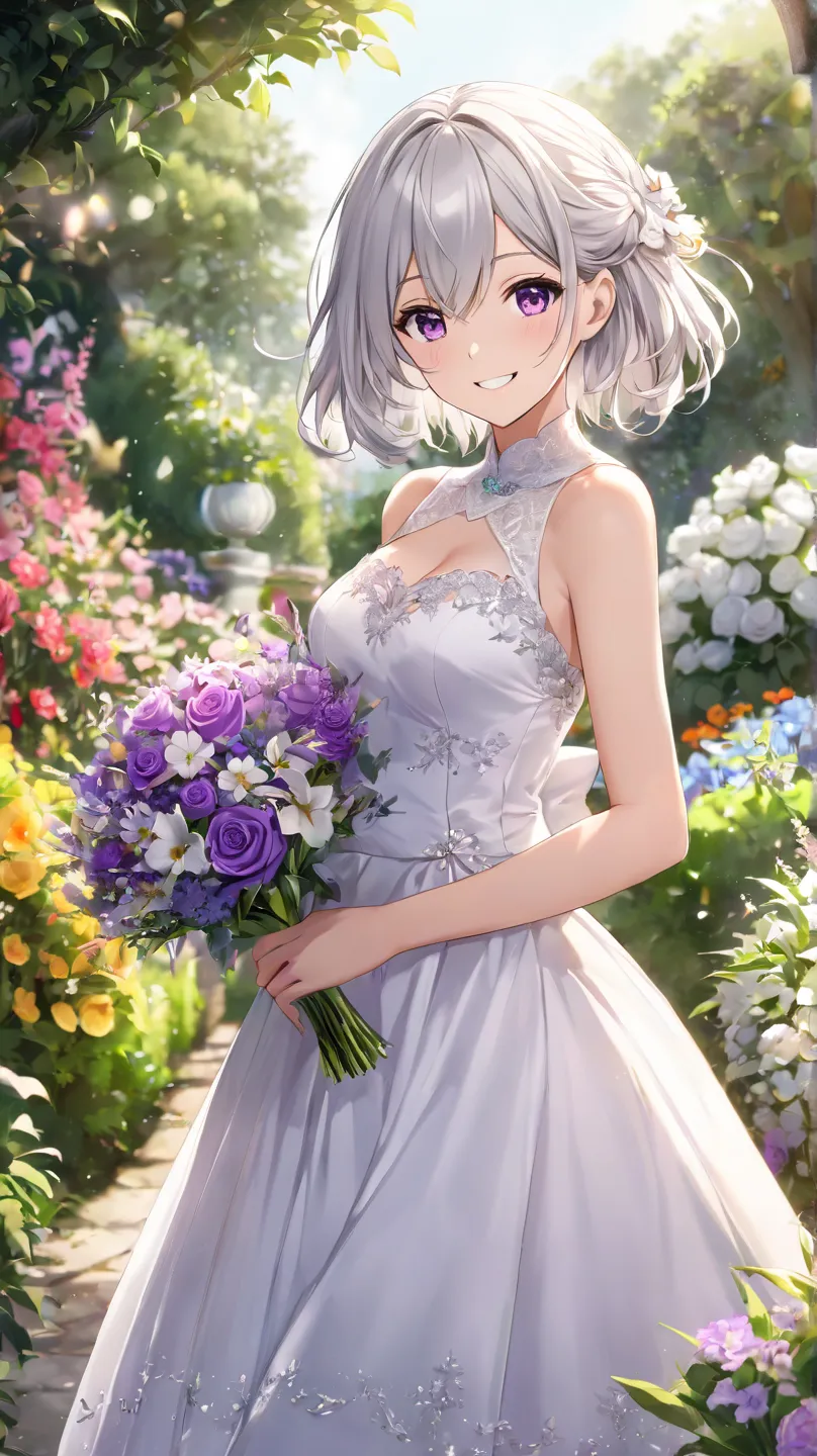 1 girl, solo, High Resolution, smiles, high quality,  Silver Hair, Aperture F1.2,  Slim,chest,purple eyes,garden, dress,bouquet