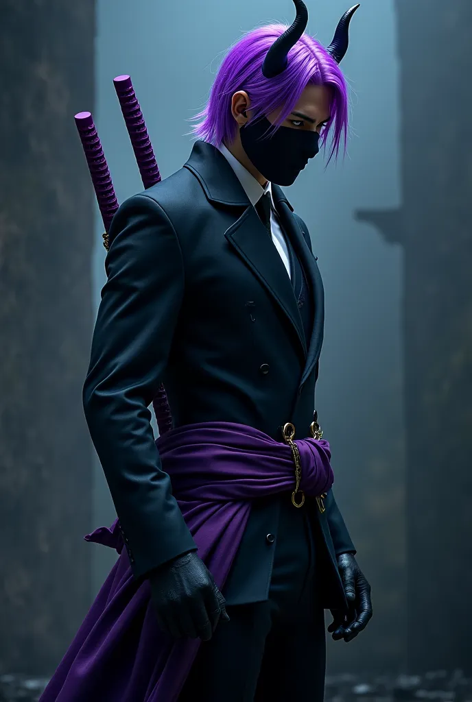 The model is a sexy man with purple hair, black horns, samurai suits and two purple swords on his back and a black face.