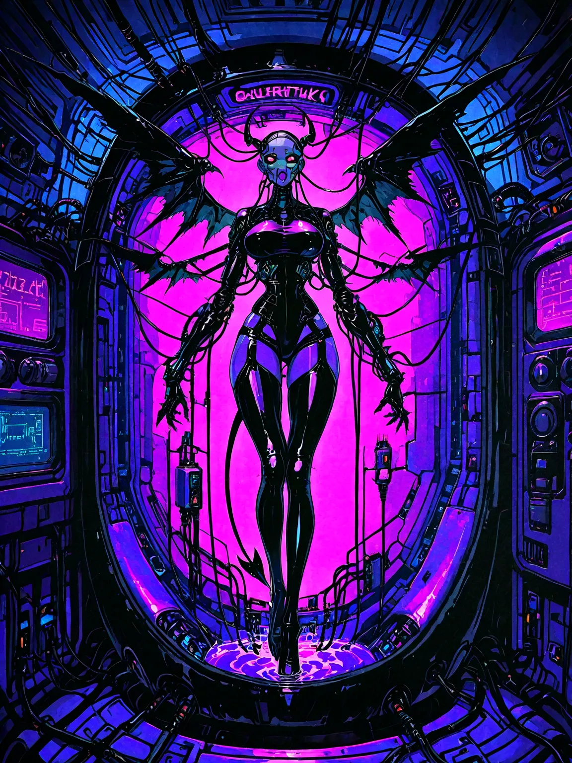 front view: ((full body)) Chica demonio, purple skin, black wings ,Horns, TAIL,  four arms , extremely long legs, latex costume,  robotic circuits , big breasts, devices futuristic,  (( suspended by electrical cables )) (inside a capsule with liquid), circ...