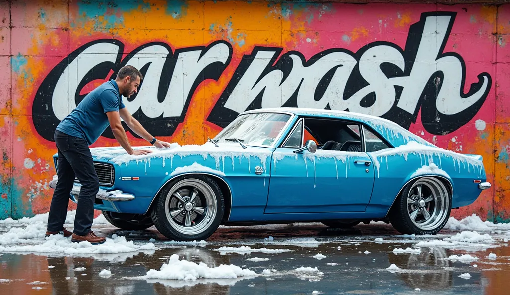 A graffiti drawing of a man washing a color car: Blue with snow foam and written on the wall: car wash