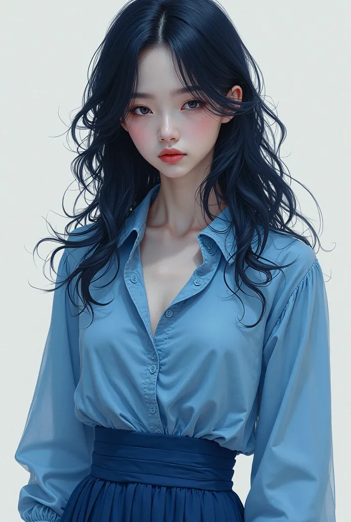 Black-haired girl with blue blouse and blue skirt