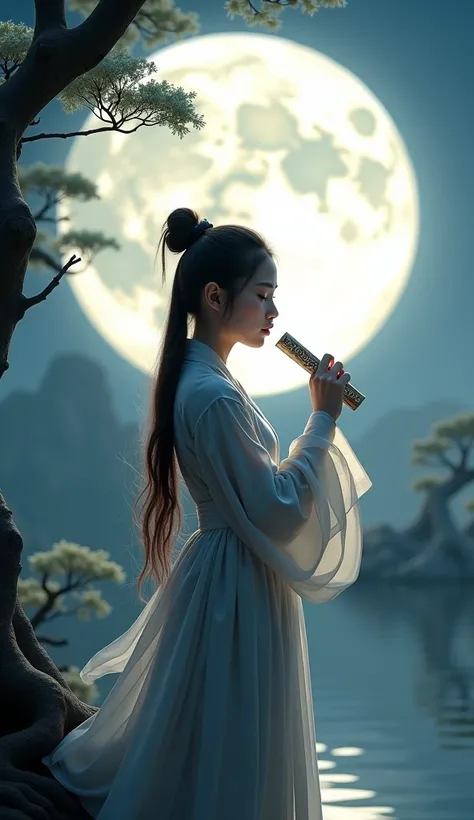 A Chinese girl blows a whistle (Chinese whistle)  Under the Moonlight, evokes the spirit of martial arts (martial arts). 