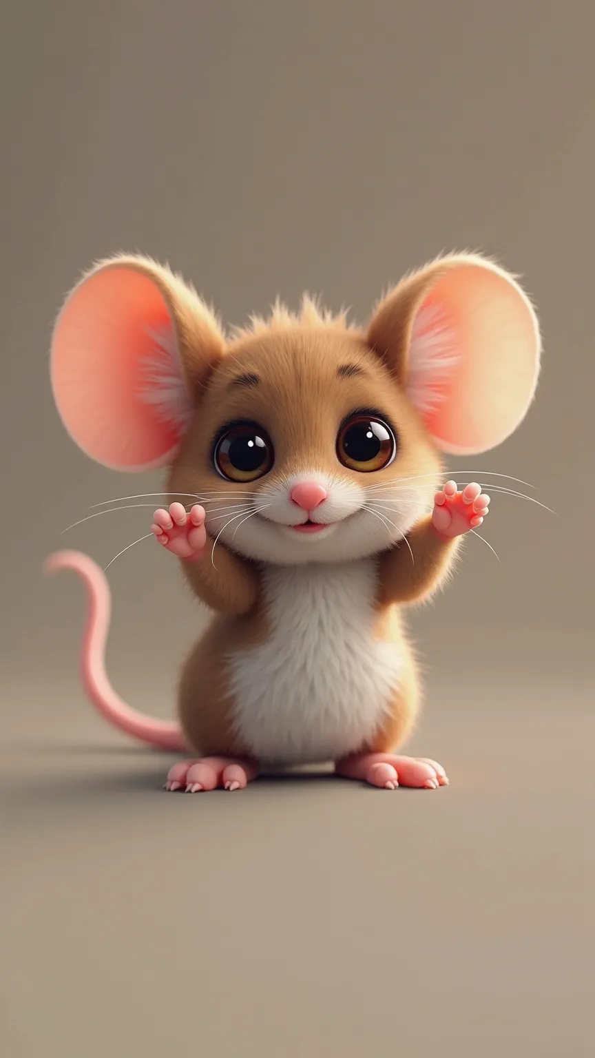 * Body: The mouse has a small, fluffy body with brown and white fur that covers most of its body.
* Head: Its head is round, with large ears and large, bright eyes.
* Ears: Its ears are round and prominent and have a light pink color inside.
* Eyes: Its ey...