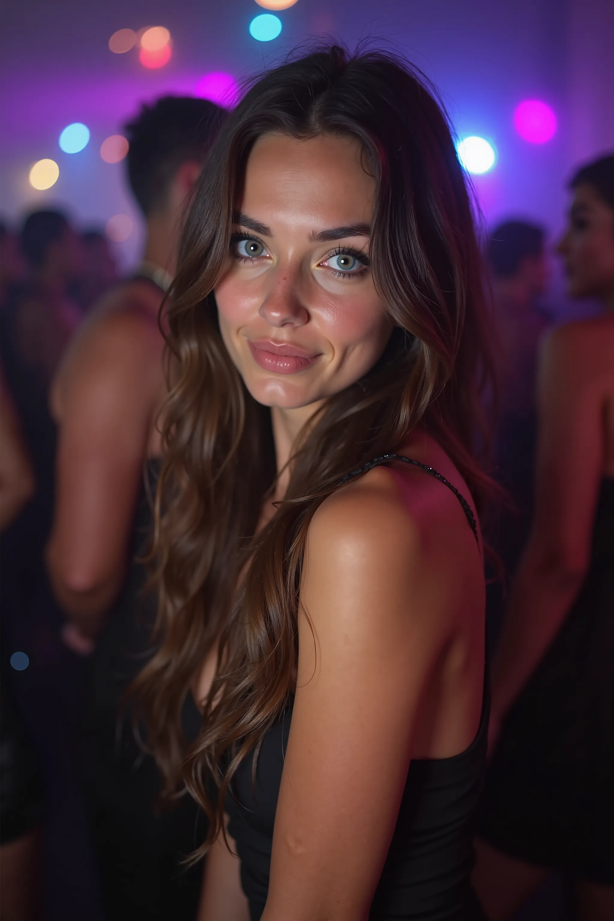 An amateur Instagram-style picture of a 20-year-old woman with long dark brown hair and striking (BLUE EYES) enjoying a night out at a London nightclub. She is dressed in a sexy yet elegant evening outfit, such as a form-fitting dress with a daring necklin...